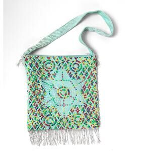 Vintage 60s Boho Star Embellished Fringe Bag Beaded CrossBody Retro Boho Tote